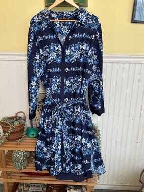 Lane Bryant Womens Size 22 Blue Floral Long-Sleeve Midi Dress With Waist Tie